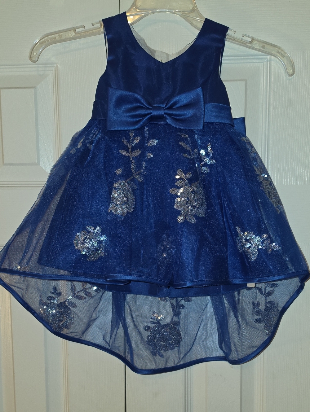 SHEIN Navy Blue Sequin Floral Tulle Party Dress with Bow